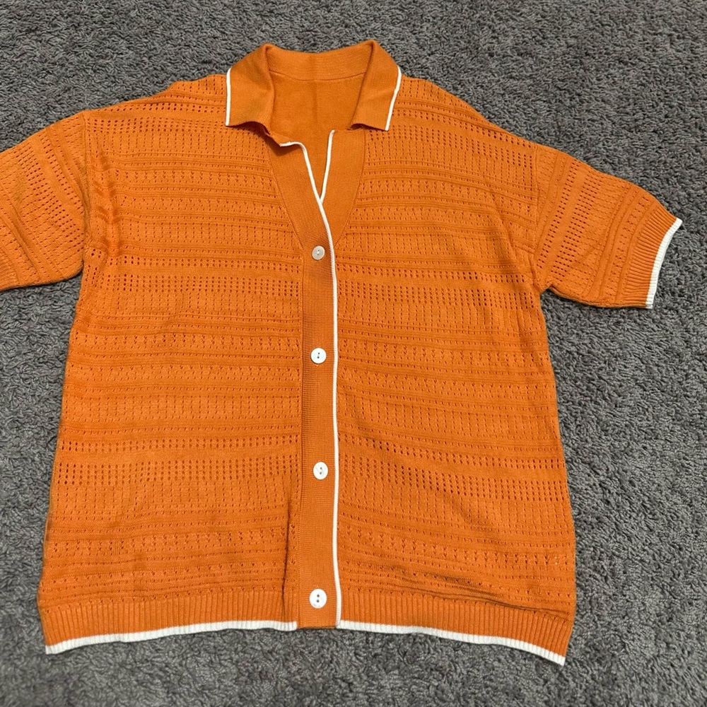 Orange with White Trim, Ox Knit Short Sleeve Cardigan Sweater